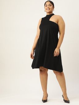 theRebelinme - Plus Size Womens Black Solid High Neck A-Line Midi Dress