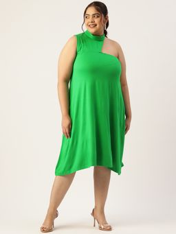 theRebelinme - Plus Size Womens Emerald Green Solid High Neck A-Line Midi Dress