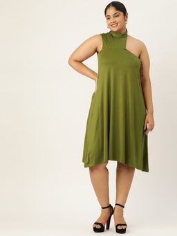 theRebelinme - Plus Size Womens Olive Green Solid High Neck A-Line Midi Dress