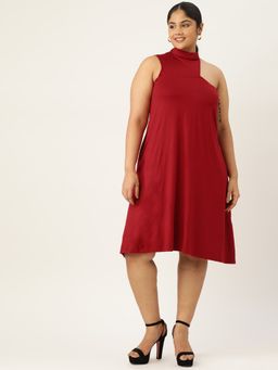 theRebelinme - Plus Size Womens Maroon Solid High Neck A-Line Midi Dress