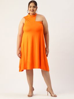 theRebelinme - Plus Size Womens Orange Solid High Neck A-Line Midi Dress