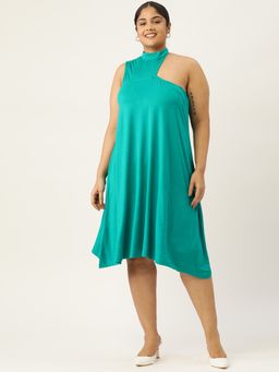 theRebelinme - Plus Size Womens Turquoise Solid High Neck A-Line Midi Dress