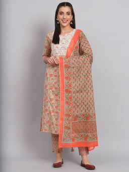 Rangmayee - Cotton Jaipuri Printed & Embroidered Kurta with Dupatta And Pant (Set of 3)