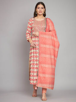 Rangmayee - Women Peach & Off White Printed Kurta & Dupatta (Set of 3)