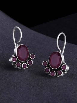 Peora - 925 Sterling Silver Oxidised Finish Anti Tarnish Diamond Cut Faux Ruby Earrings-PF59E74RP