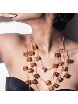 Dhwani Bansal - 22K Antique Gold Plated Noor Drop Necklace With Filigree Cubes For Women