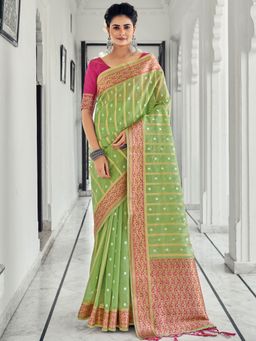 EXCLUSIVA - Light Green Organza Saree with Unstitched Blouse