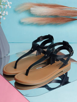 Louis Stitch - Women Stylish T-Strap Black Lightweight Sandals