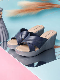 Louis Stitch - Women Cross Textured Striped Navy Blue Lightweight Wedges