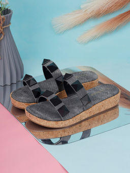 Louis Stitch - Women Two Strap Diamond Stone Black Lightweight Sandals