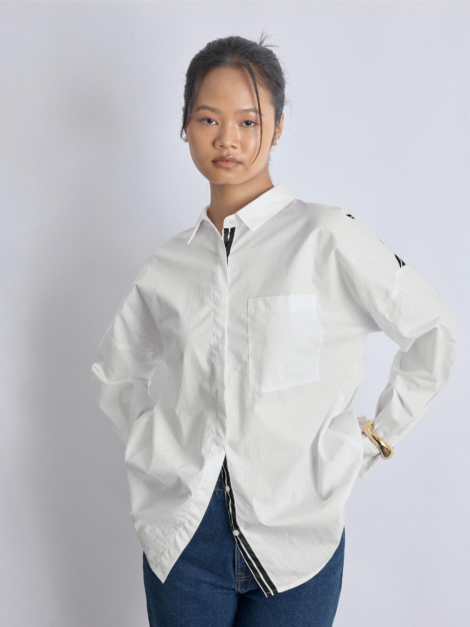 Women's White Cotton Overlap Shirt - High-Low Hem with Black Striped Trim-picture-34