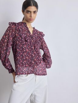 The Label Life - Maroon Ditsy Floral Frilled Shirt