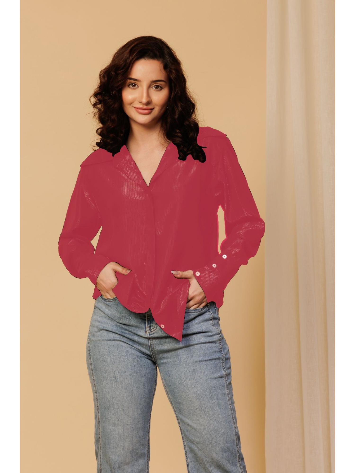 urban sundari Women Pink Embellished Casual Shimmer Shirt-picture-0
