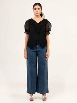 Urban Sundari - Women Black Fandi Frill Neck Top