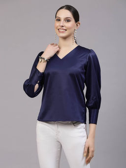 Style Quotient - Women Solid Navy Satin Casual Top