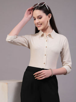 Style Quotient - Women Solid Beige Cotton Regular Shirt