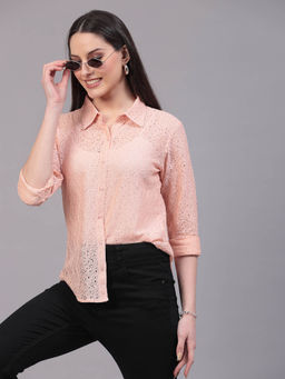 Style Quotient - Women Self Design Nude Lace Regular Shirt