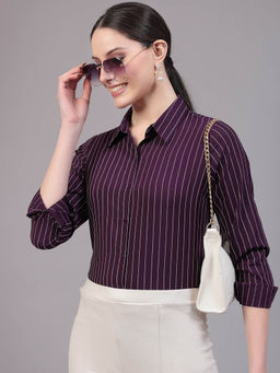 Style Quotient - Women Smart Purple Stripe Spread Collar Full Sleeve Shirt