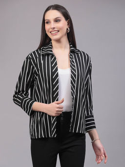 Style Quotient - Women Casual Black & White Stripe Spread Collar Full Sleeve Shrug