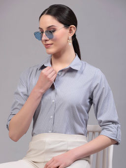 Style Quotient - Women Gray & White Cotton Stripe Smart Casual Shirt