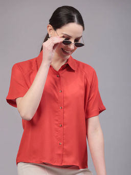 Style Quotient - Women Relaxed Fit Orange Spread Collar Raglan Sleeve Shirt