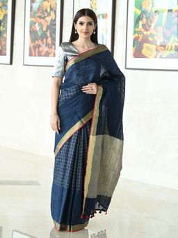 Beatitude - Blue Shade Handwoven Linen Saree with Unstitched Blouse