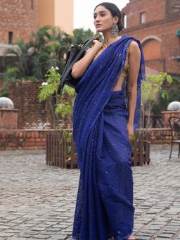 Beatitude - Blue Cotton Silk Jacquard Jamdani Saree Without Blouse