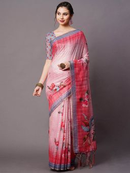 Odette - Pink Festive Linen Blend Printed Saree with Unstitched Blouse