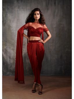 Anjali Kanwar - Red Embellished/Sequined Bianca Draped Blouse with Dhoti (Set of 2)