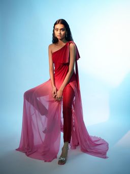 Anjali Kanwar - Red Solid/Plain Seren Top with Pant (Set of 2)