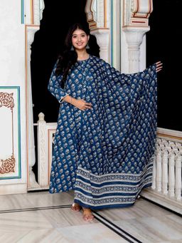 Doriyaan - Cotton Floral Print Blue Anarkali with Dupatta (Set of 2)