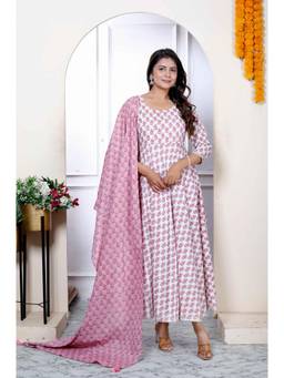 Doriyaan - Pure Cotton Printed Pink Anarkali with Dupatta (Set of 2)