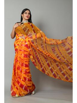 KISHORI - Zari Border and Thread Tassels Chiffon Saree with Unstitched Blouse - Yellow & Red