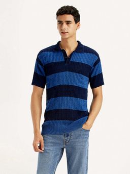 Levi's - Men Blue Cotton Collar Neck Slim Fit Polo T-Shirt