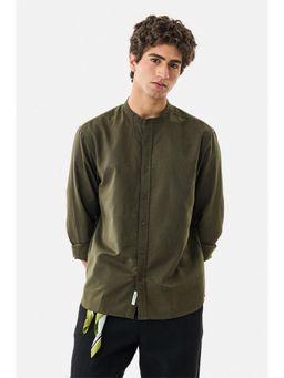 Snitch - Men Olive Cotton Blend Mandarin Neck Regular Fit Shirt