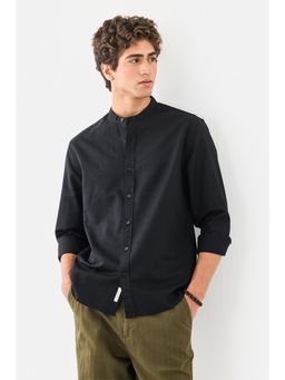 Snitch - Men Black Cotton Blend Mandarin Neck Regular Fit Shirt