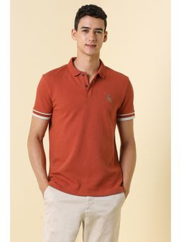 Allen Solly - Men Red Cotton Blend Collar Neck Regular Fit Polo T-shirt