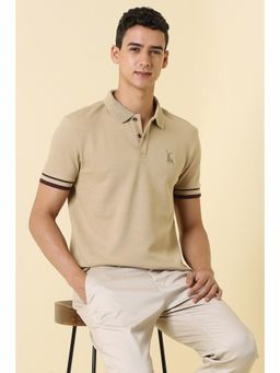 Allen Solly - Men Beige Cotton Blend Collar Neck Regular Fit Polo T-shirt