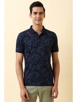 Allen Solly - Men Navy Blue Cotton Collar Neck Regular Fit Polo T-shirt