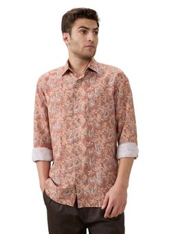 ColorPlus - Men Orange Cotton Linen Collar Neck Regular Fit Shirt