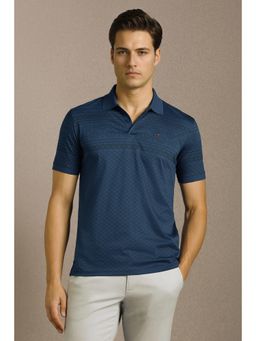 Louis Philippe - Men Navy Blue Cotton Collar Neck Slim Fit Polo T-shirt