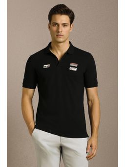 Louis Philippe - Men Black Cotton Collar Neck Slim Fit Polo T-shirt