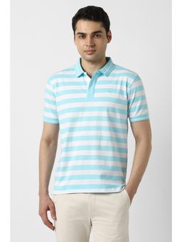 Peter England - Men Blue Cotton Blend Collar Neck Regular Fit Polo T-shirt