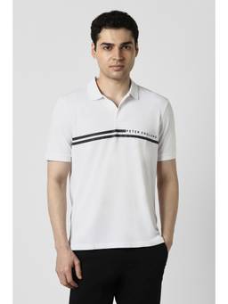 Peter England - Men White Cotton Blend Collar Neck Regular Fit Polo T-shirt