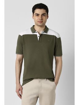 Peter England - Men Olive Cotton Collar Neck Regular Fit Polo T-shirt
