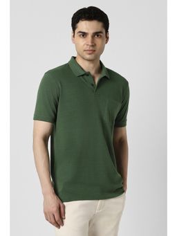 Peter England - Men Green Cotton Collar Neck Regular Fit Polo T-shirt