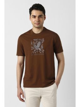 Peter England - Men Brown Cotton Blend Round Neck Regular Fit T-shirt