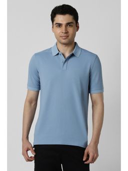 Peter England - Men Blue Cotton Blend Collar Neck Regular Fit Polo T-shirt