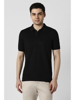 Peter England - Men Black Cotton Blend Collar Neck Regular Fit Polo T-shirt