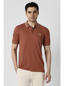 Peter England - Men Brown Cotton Blend Collar Neck Regular Fit Polo T-shirt
